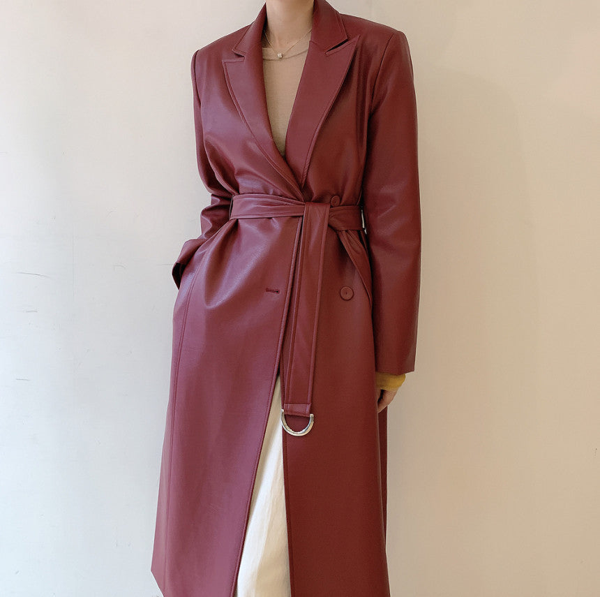 Double Breasted PU Leather Trench Coat With Suit Collar