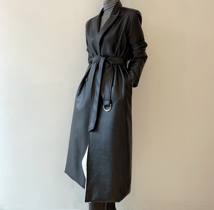 Double Breasted PU Leather Trench Coat With Suit Collar