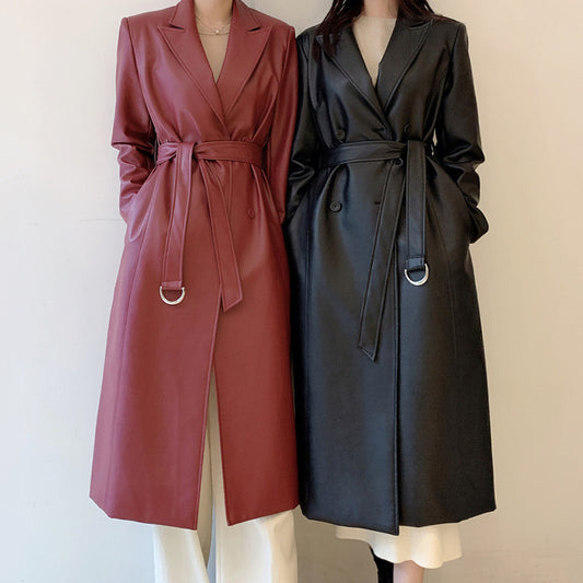 Double Breasted PU Leather Trench Coat With Suit Collar