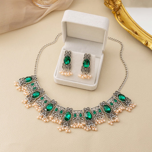 Vintage Emerald Earrings Ethnic Style Square Tassel Bead Pendant Jewelry Suit