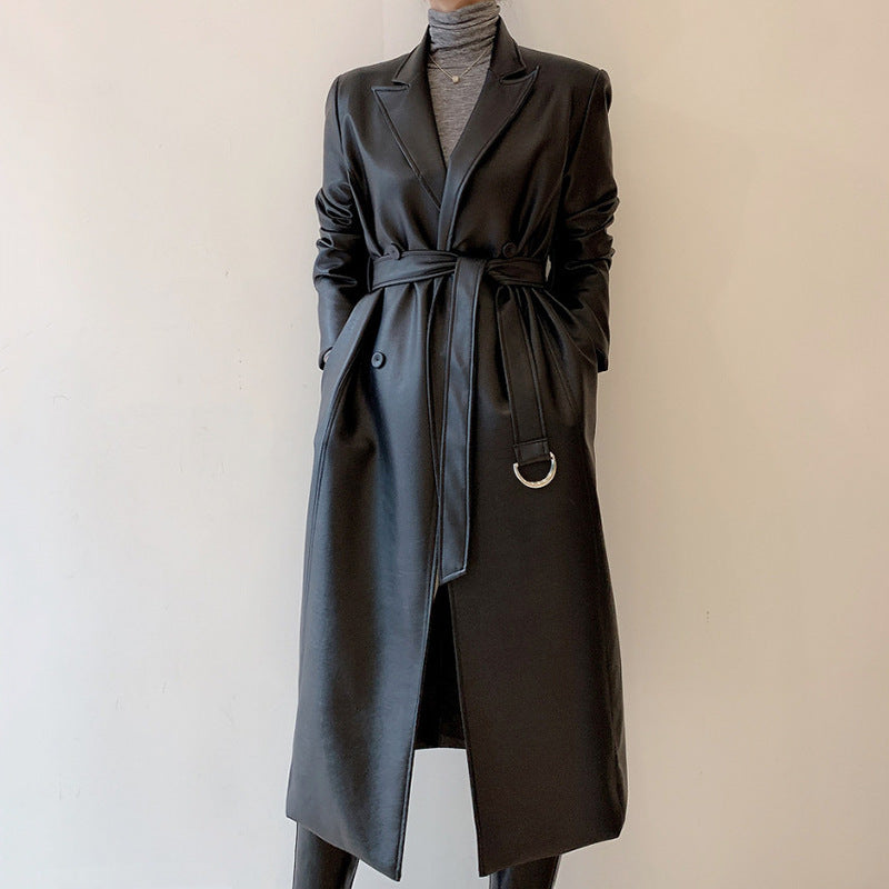 Double Breasted PU Leather Trench Coat With Suit Collar