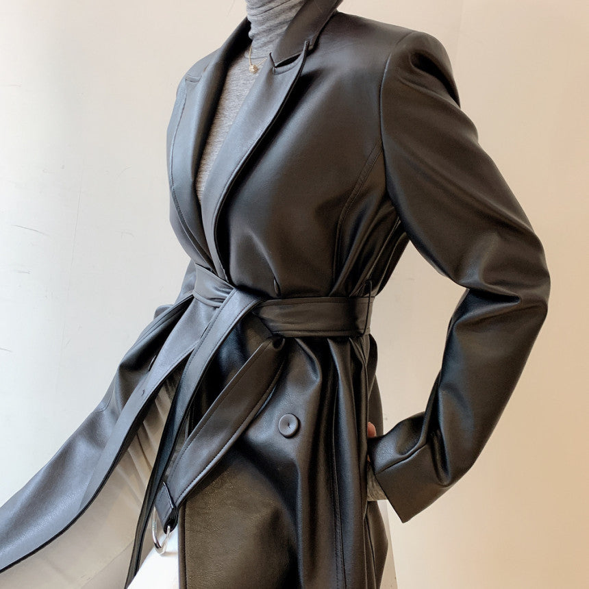 Double Breasted PU Leather Trench Coat With Suit Collar