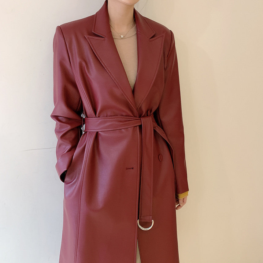 Double Breasted PU Leather Trench Coat With Suit Collar